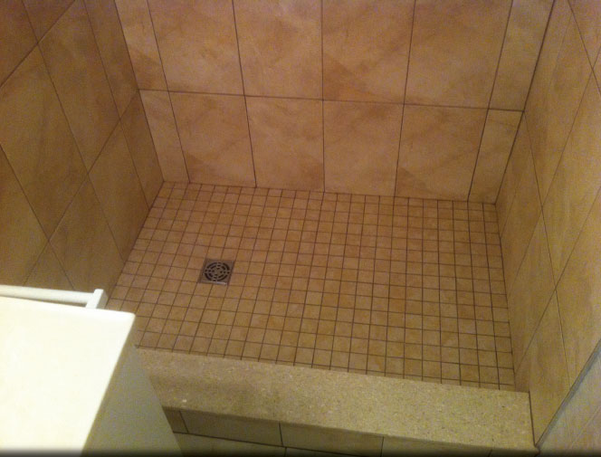 View of mosiac floor in shower.